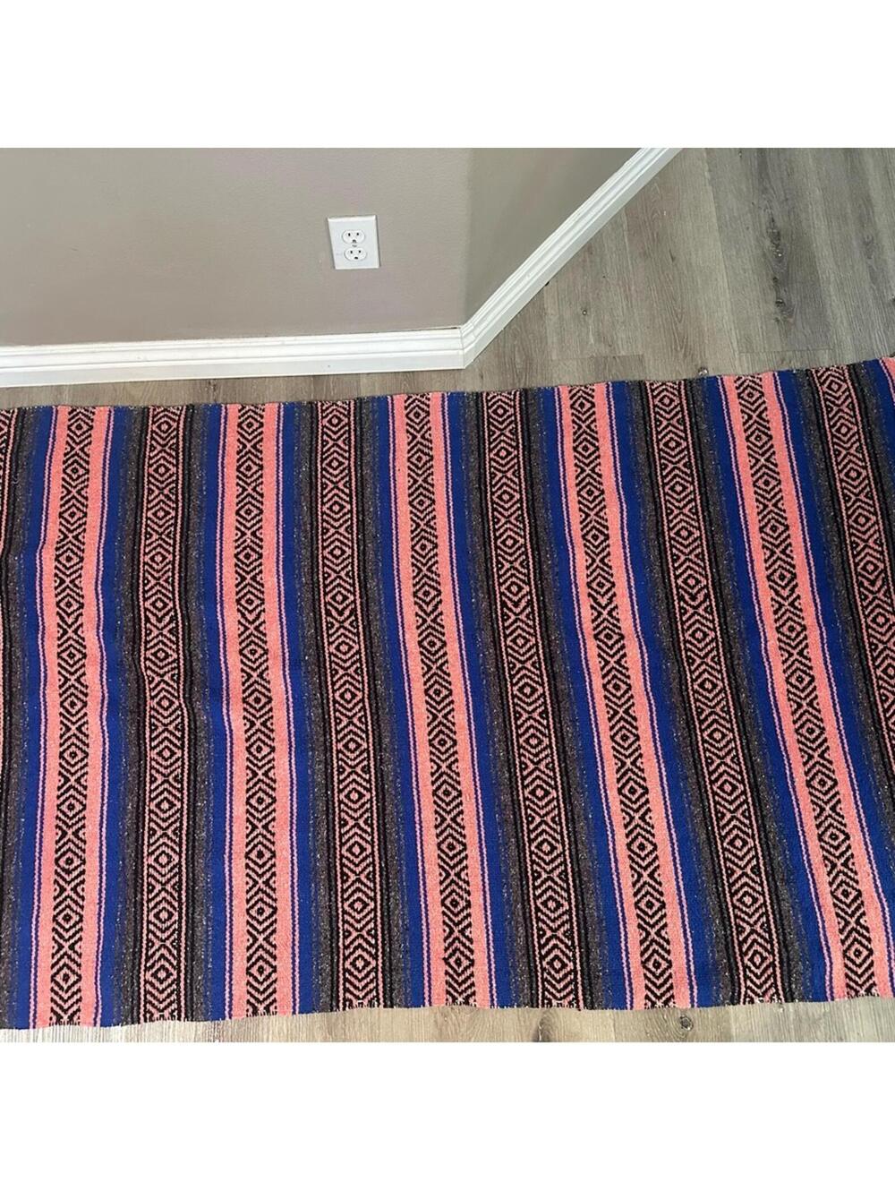 Vibrant Pink and Blue Striped Rug with Geometric Patterns - New Without Tags